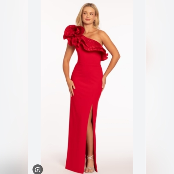 Xscape  Pleated Ruffle One-Shoulder Scuba Crepe Column Gown - Picture 1 of 9